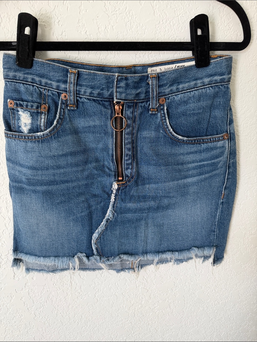 rag & bone Blue Distressed Denim Mini Skirt with Ring Zip